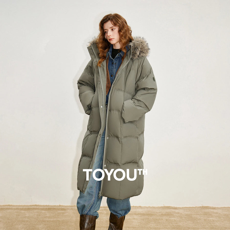 Casaco Puffer Feminino Longo com Capuz e Gola de Pelo