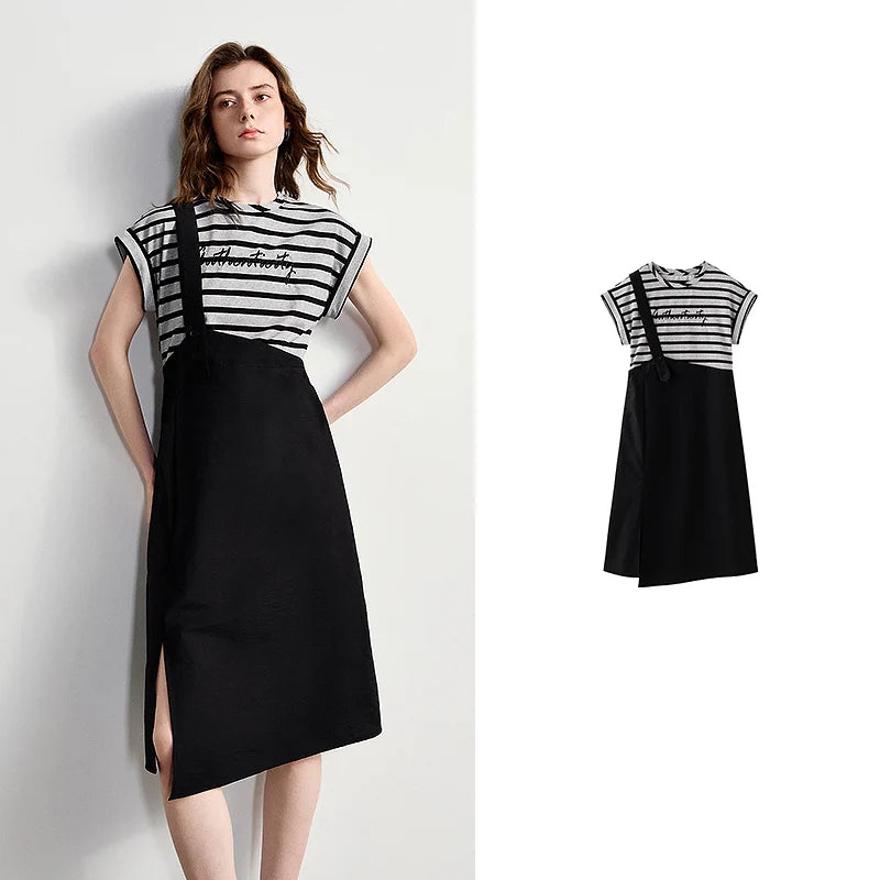 Vestido Midi Bicolor Assimétrico com Bordado Gray Black