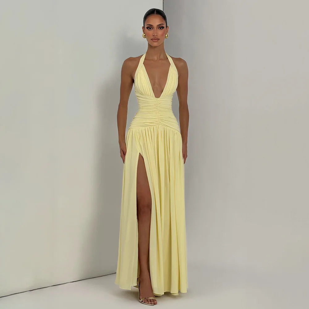 Vestido Longo Feminino Frente Única com Fenda Alta