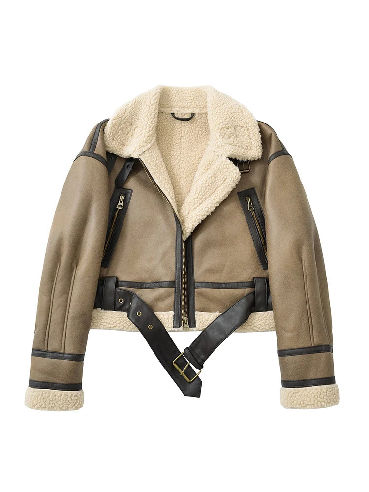 Casaco Curto Feminino com Pelo para Inverno Camel