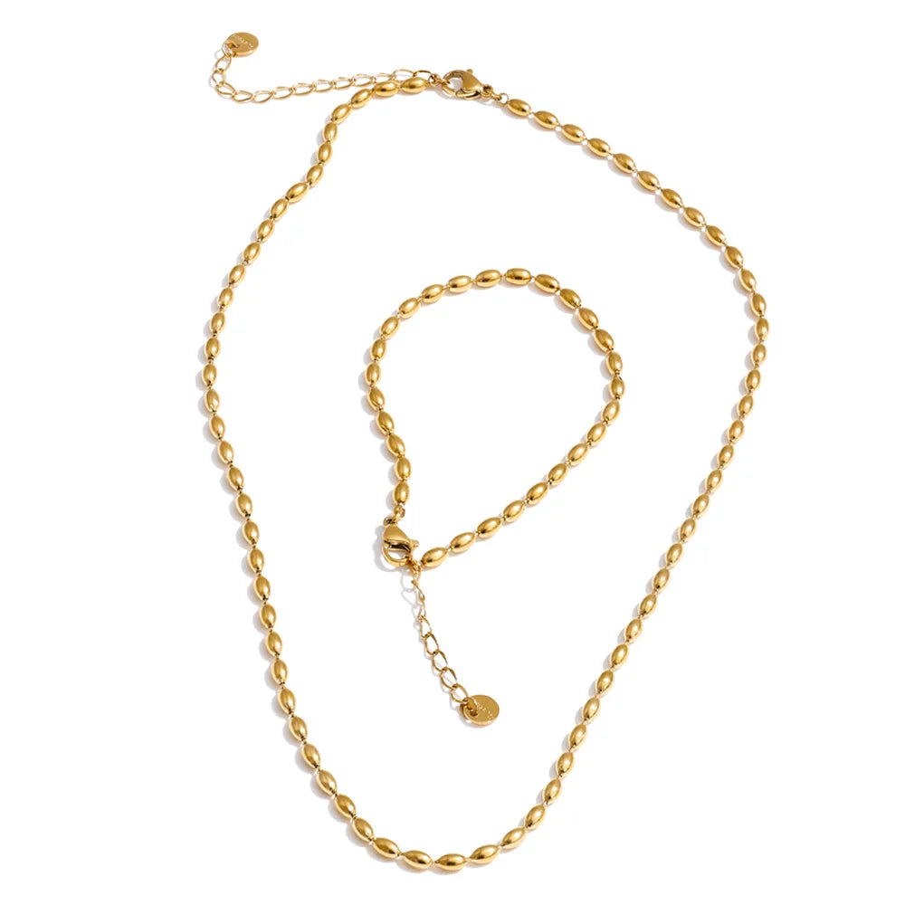 Yhpup Popular Stainless Steel Beads Chain Basic Necklace Bracelet Bangle Set 16K Gold Platinum Color PVD Plated Fashion Jewelry Gold Set