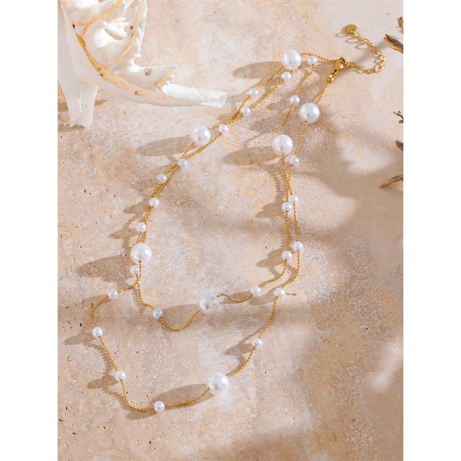 Yhpup 90+5 cm Elegant Simulated Pearl Beads Long Daily Sweater Chain Necklace 18K Golden Waterproof Chic Stainless Steel Jewelry