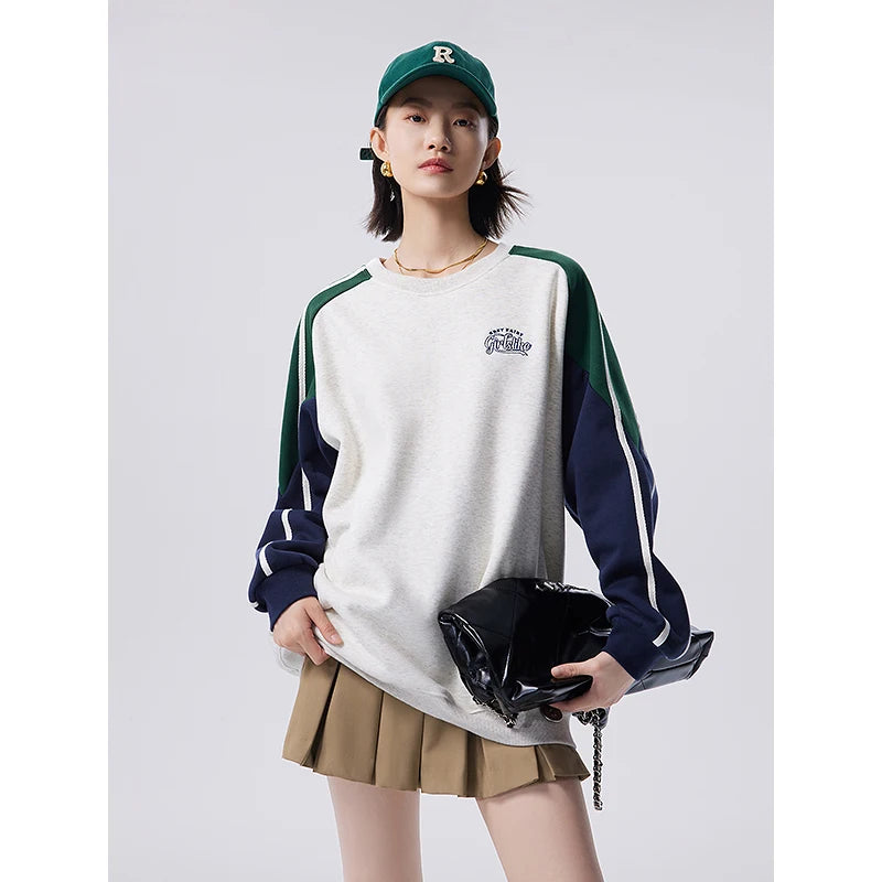 Toyouth Women Sweatshirt 2023 Autumn Long Sleeve O Neck Loose Hoodie Contrast Stitching Casual Sport Outdoor Pullover Tops