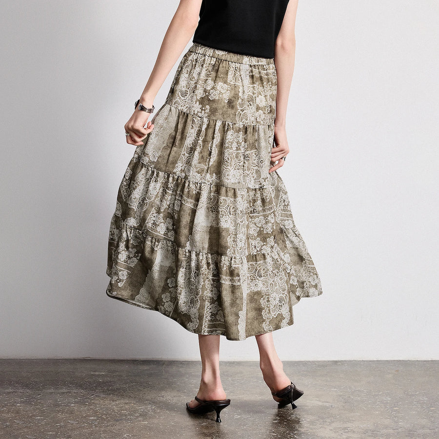 Saia Midi Feminina Floral em Camadas