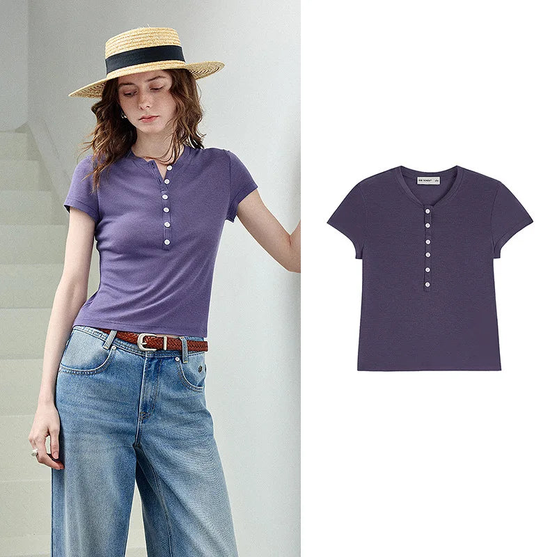 Camiseta Feminina Slim de Liocel e Lã com Botões