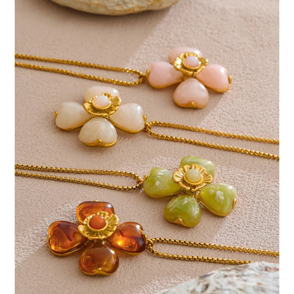 Yhpup Acrylic Fashion Flower Pendant Necklace Adjustable Ring Earrings Set 2025 Stainless Steel Trendy Jewelry Gift Multi-color