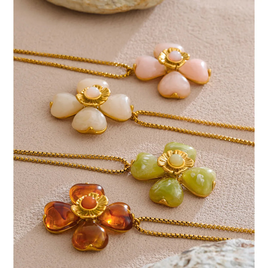 Yhpup Acrylic Fashion Flower Pendant Necklace Adjustable Ring Earrings Set 2025 Stainless Steel Trendy Jewelry Gift Multi-color