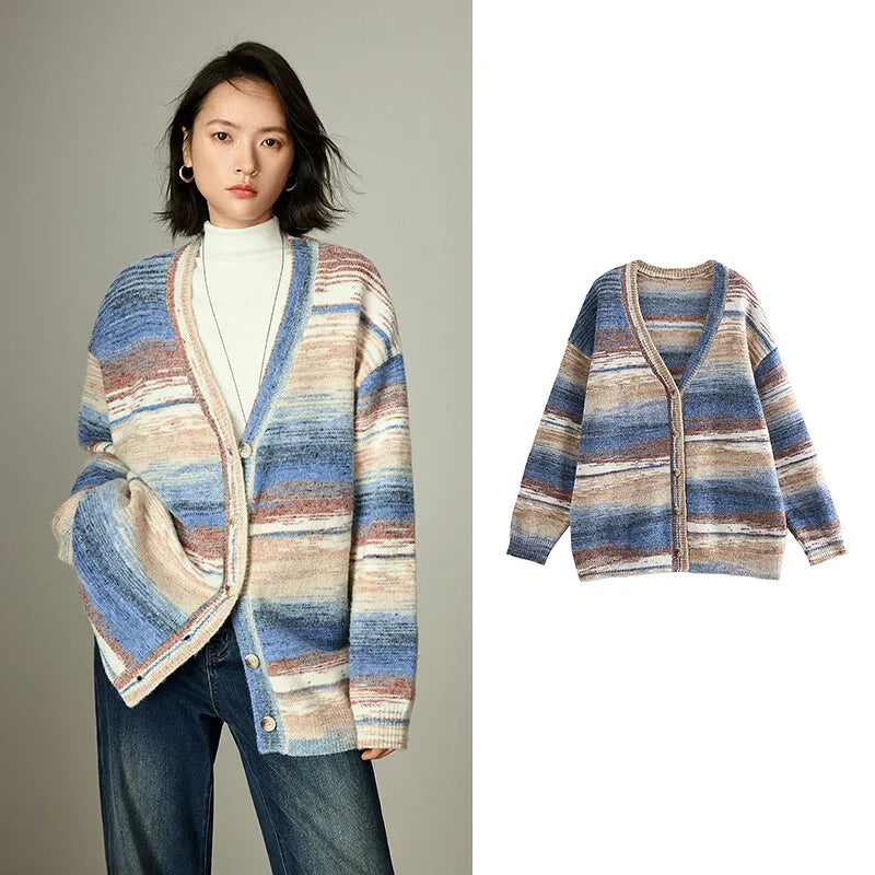 Cardigan Feminino Listrado Degradê de Tricô com Decote V Multi
