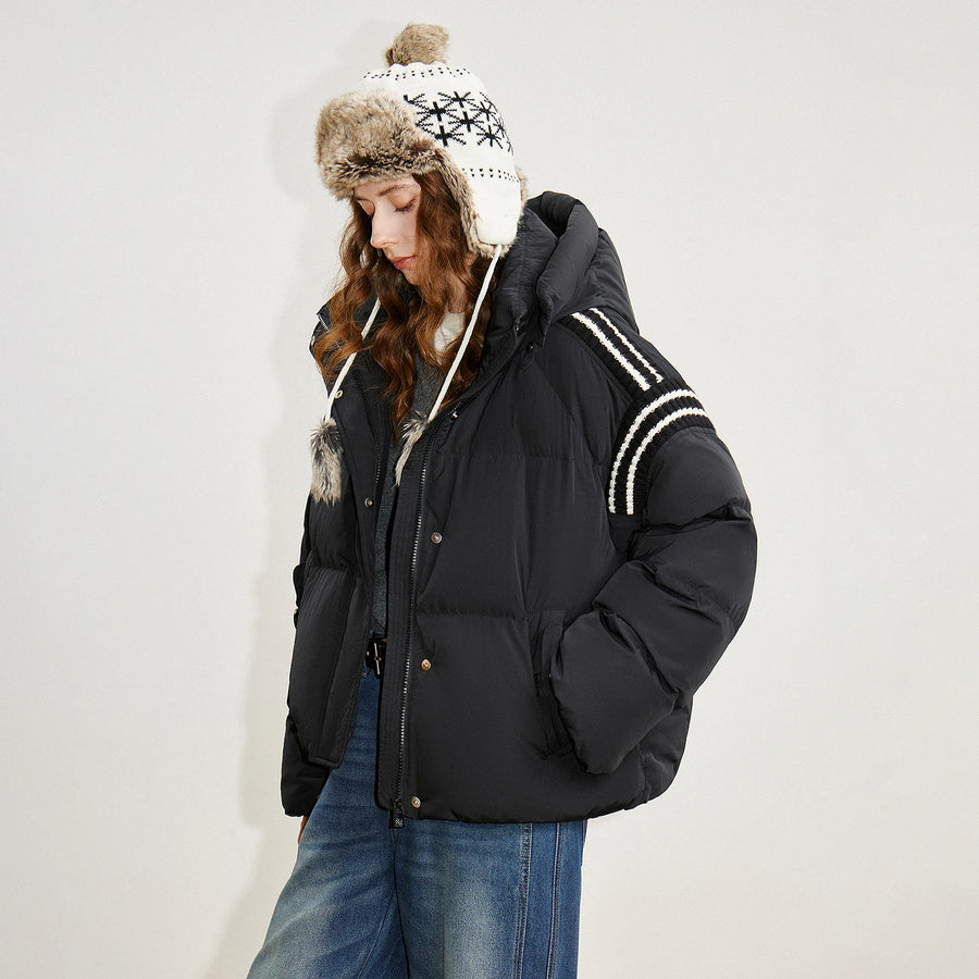 Jaqueta Puffer Feminina 90% Plumas com Capuz e Tricô
