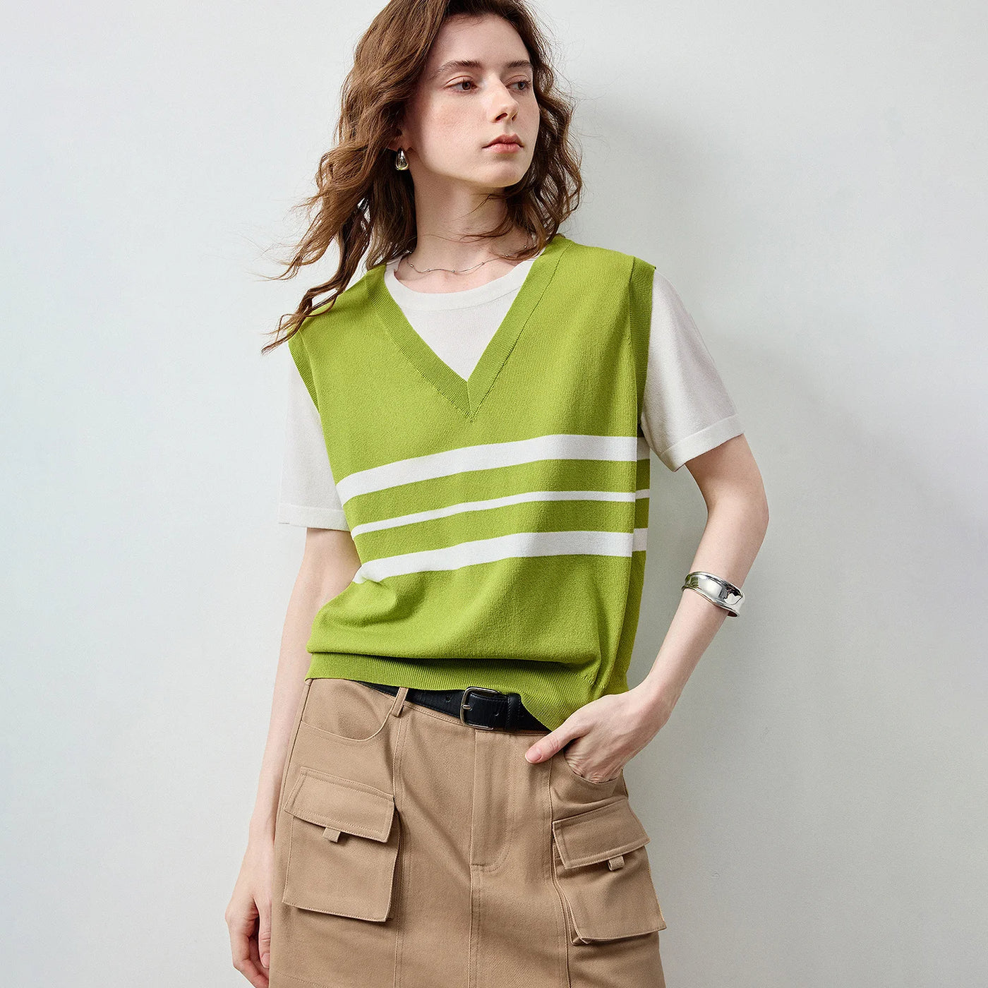 Blusa Feminina de Linho Listrada Patchwork Efeito Duas Peças