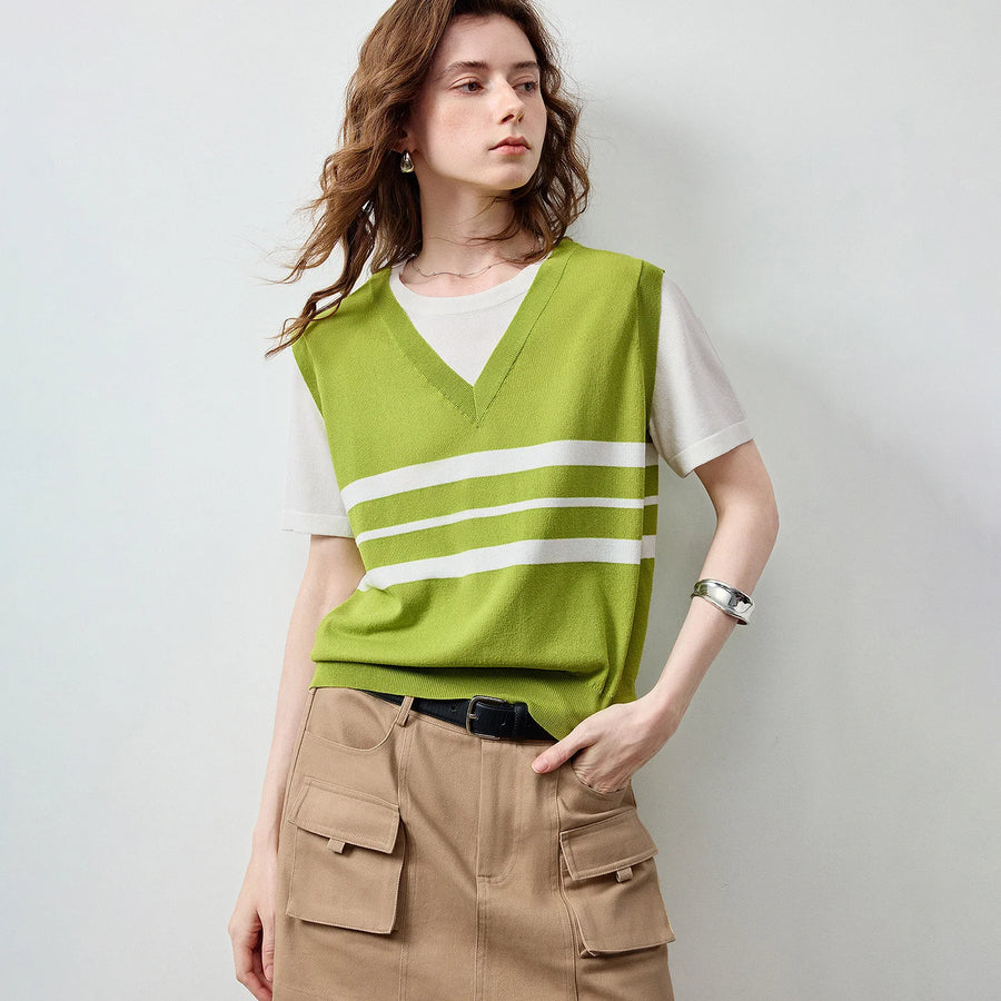 Blusa Feminina de Linho Listrada Patchwork Efeito Duas Peças