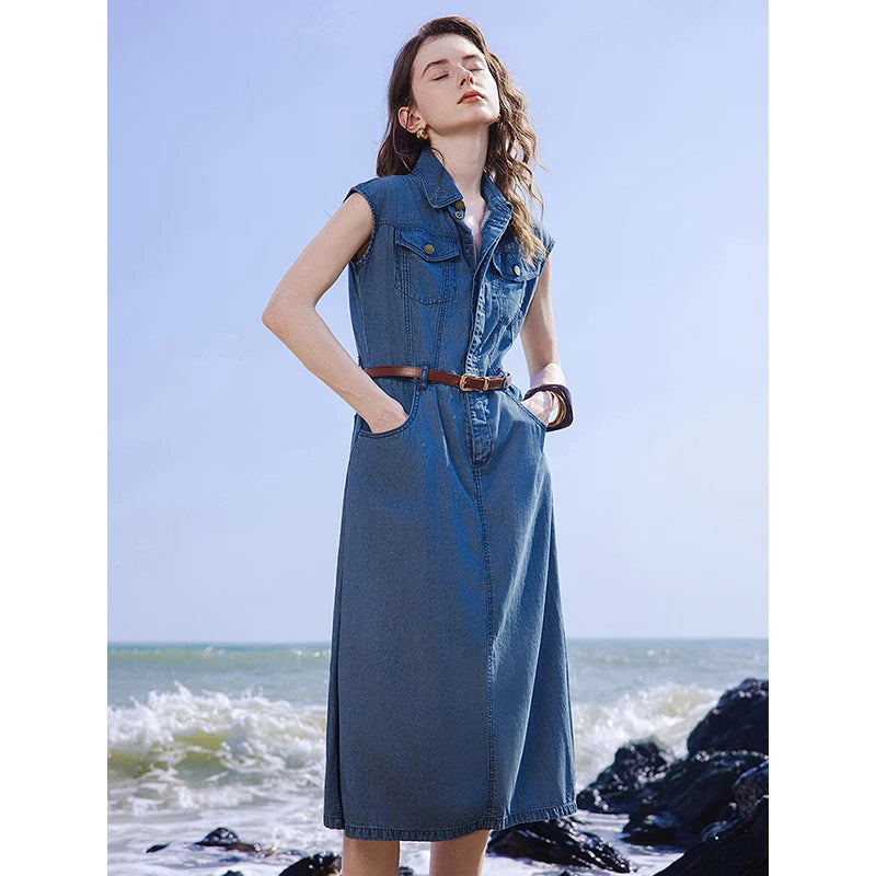 Vestido Jeans Midi com Bolsos