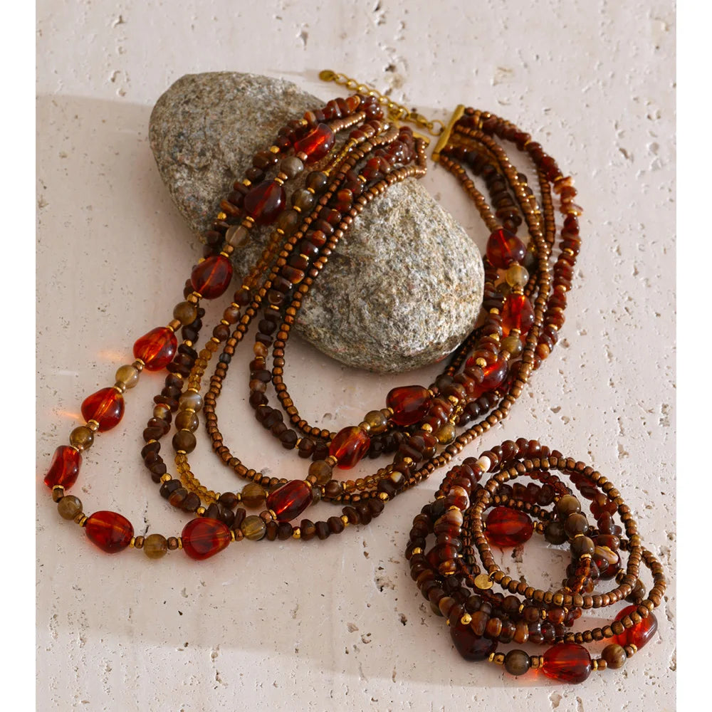 Yhpup Waterproof 2025 Handmade Beads Bohemia Jewelry Autumn Winter Stainless Steel Layered Resin Chain Bib Statement Necklace