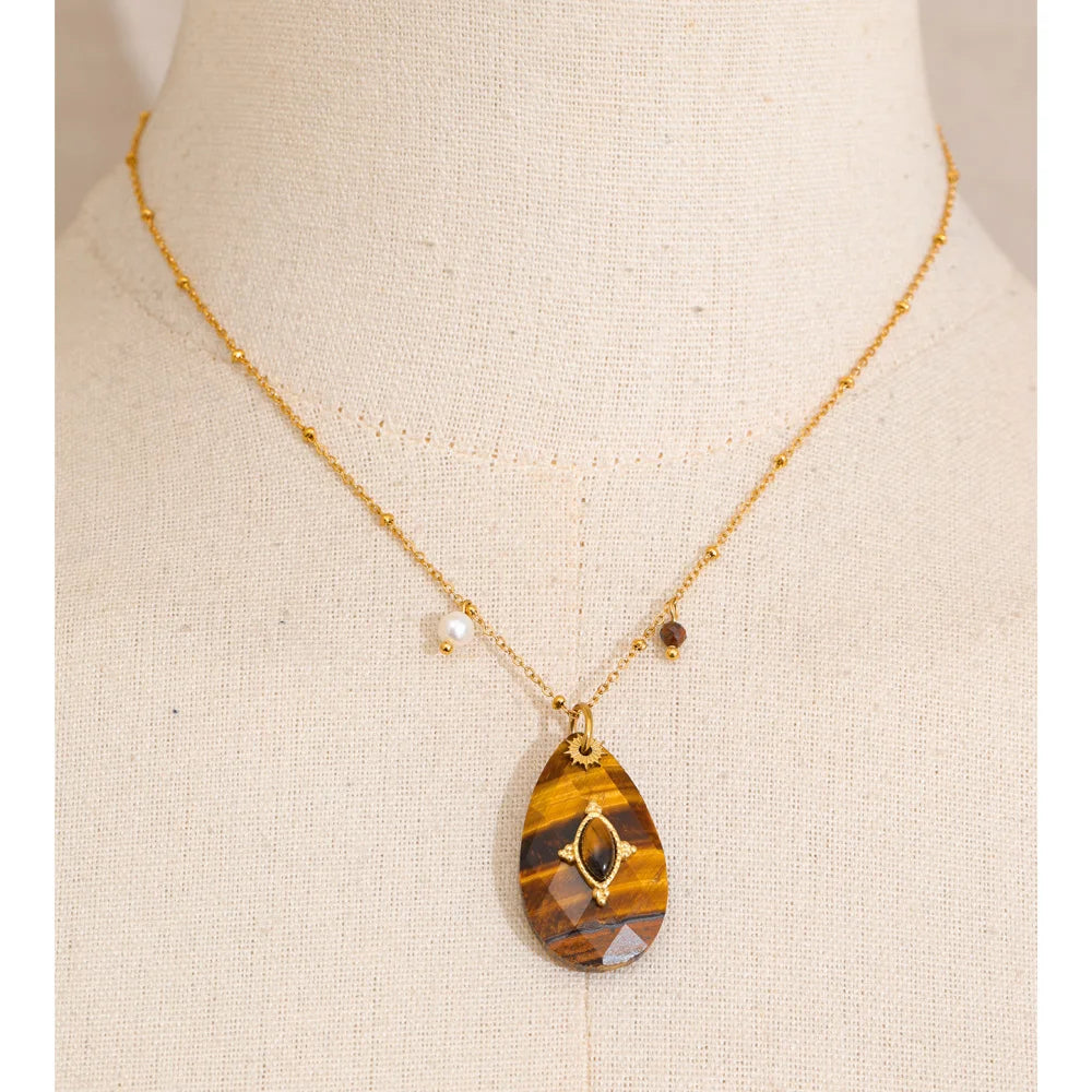Yhpup 32mm Natural Stone Amazonite Tiger Aventurine Amethyst Drop Pendant Necklace for Women Stainless Steel France Jewelry Gift