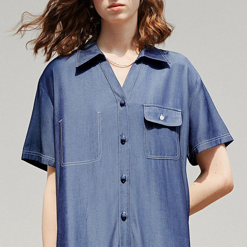 Vestido Chemise Curto de Viscose com Bolsos