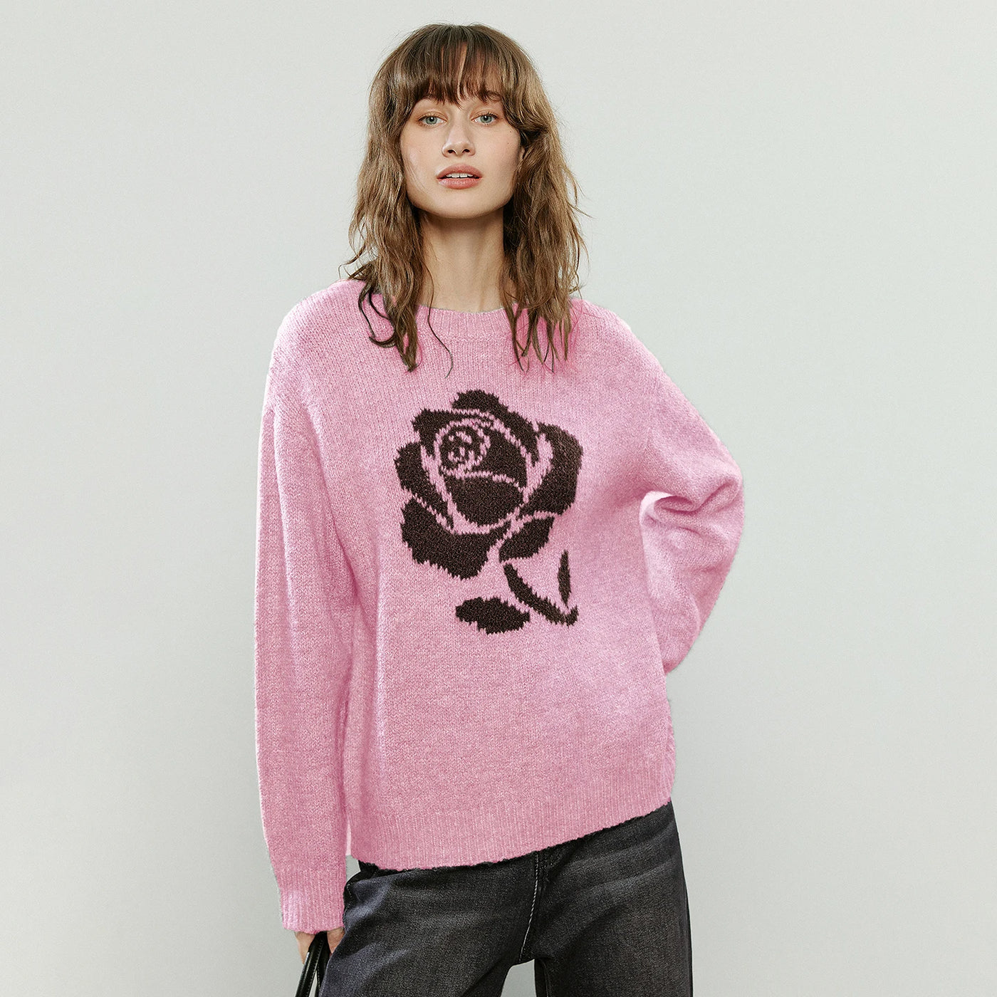 Suéter de Lã com Jacquard de Rosas