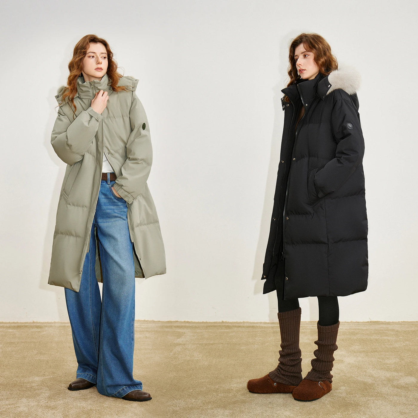 Casaco Puffer Feminino Midi com Capuz e Gola de Pelo
