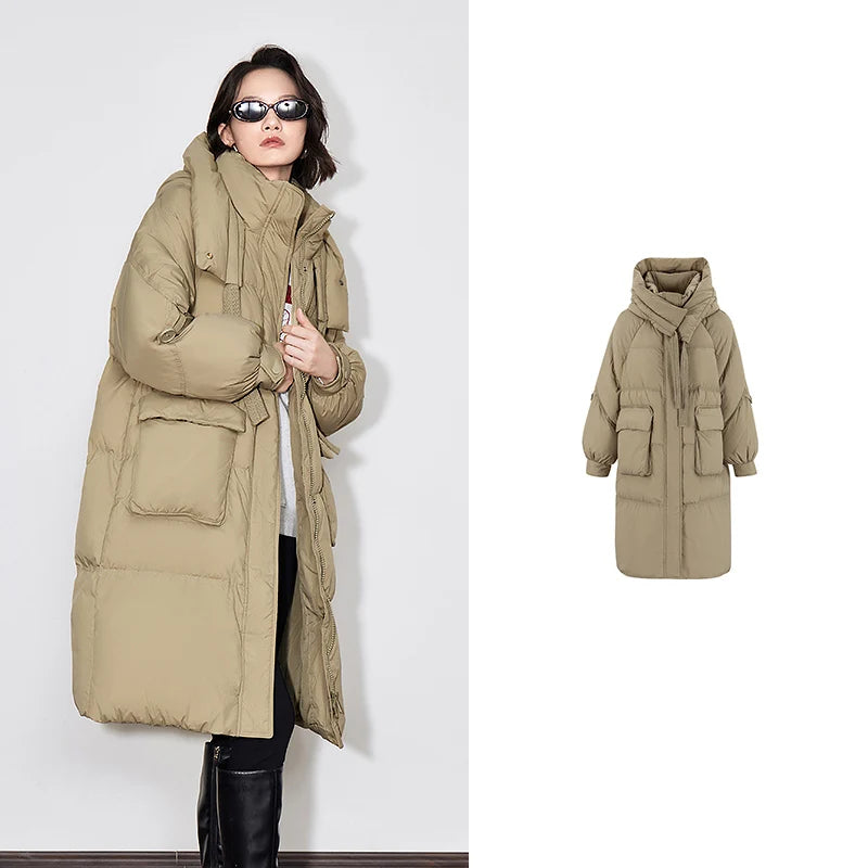 Casaco Puffer Feminino Longo com Capuz e Gola de Pelo Verde Khaki
