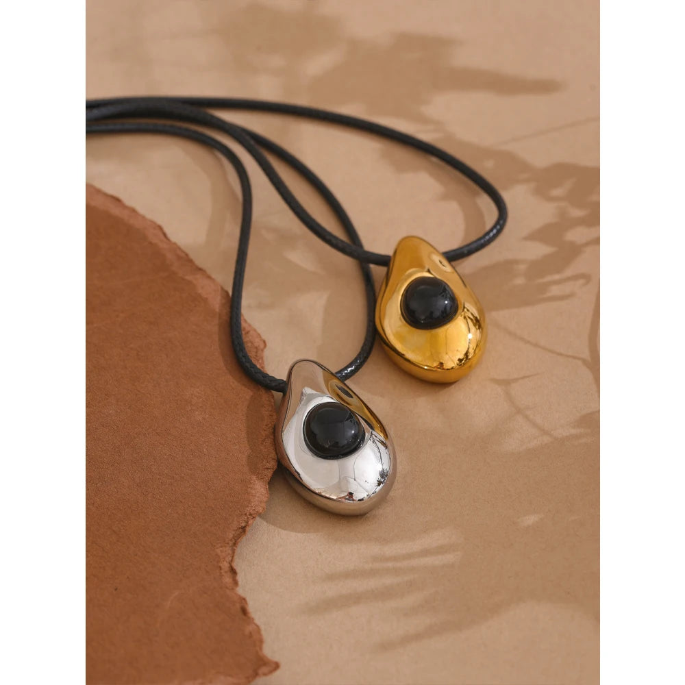 Yhpup Stainless Steel Water Drop Agate Stone Pendant PU Leather Necklace for Women Statement Fashion Jewelry Accessories New