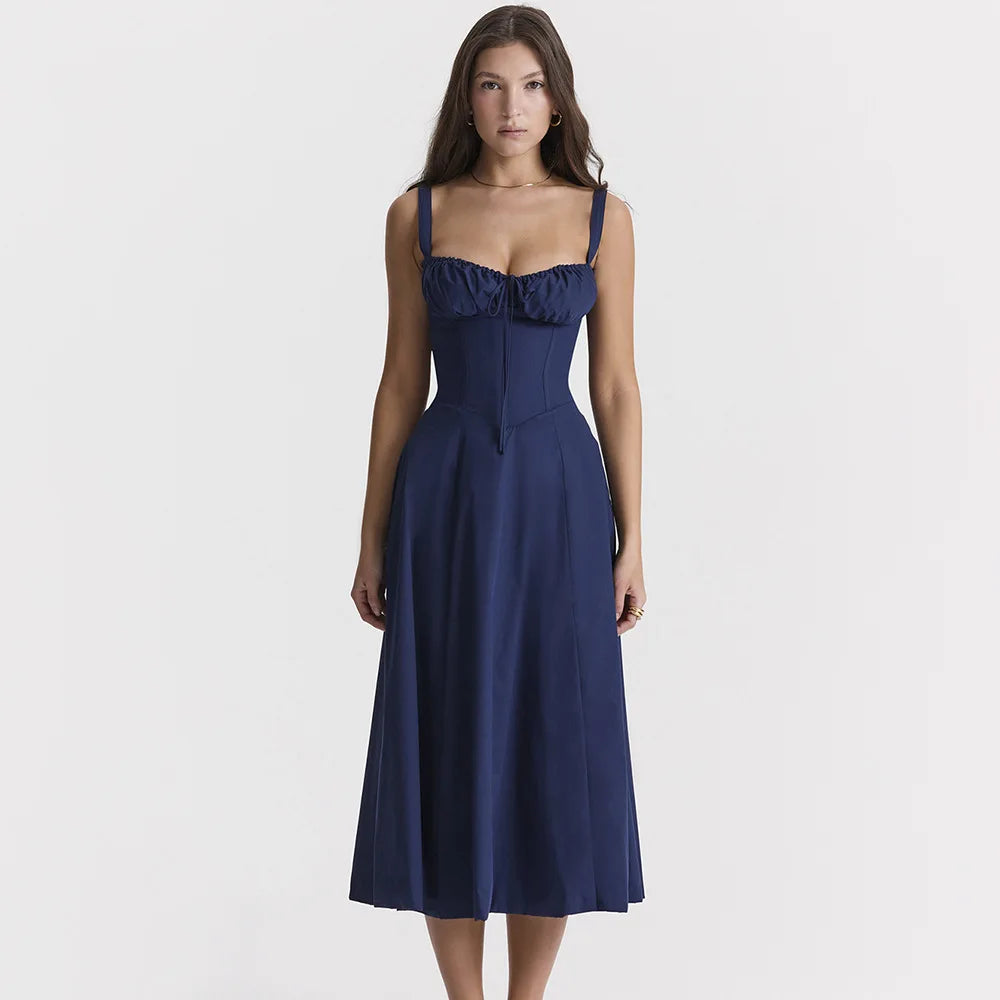 Mingmingxi Floral Print Summer Holiday Dress Elegant Midi Spaghetti Strap Lace Up Dress A Line Casual Women Clothing 2024 navy blue