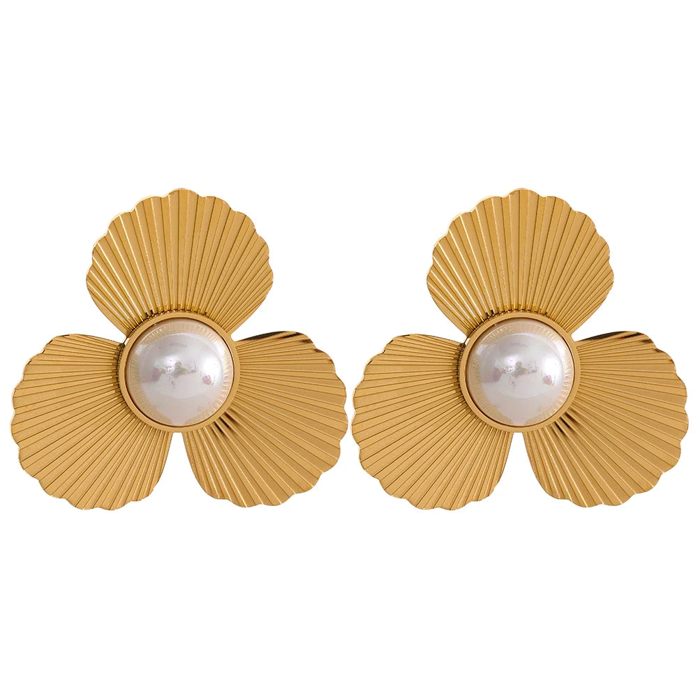 Brinco Pendente Flor com Pérola em Aço Inoxidável Ouro 3