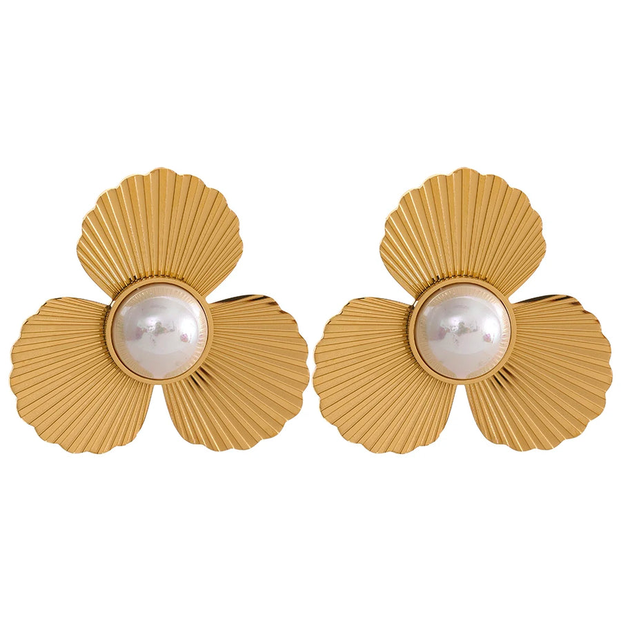 Brinco Pendente Flor com Pérola em Aço Inoxidável Ouro 3