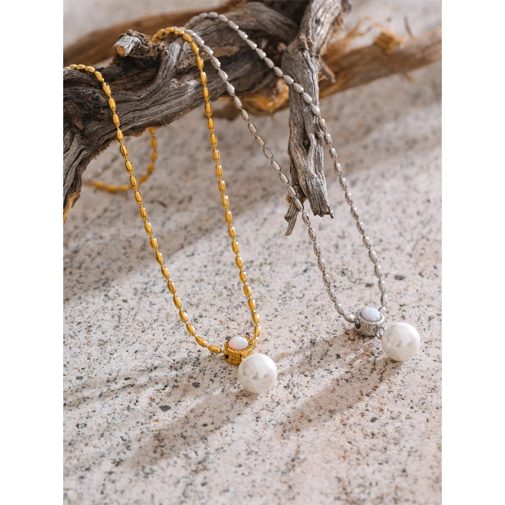 Yhpup New Korean Exquisite Australian Shell Stainless Steel Simulated Pearl Pendant Necklace Daily Versatile Chic Collar Jewelry