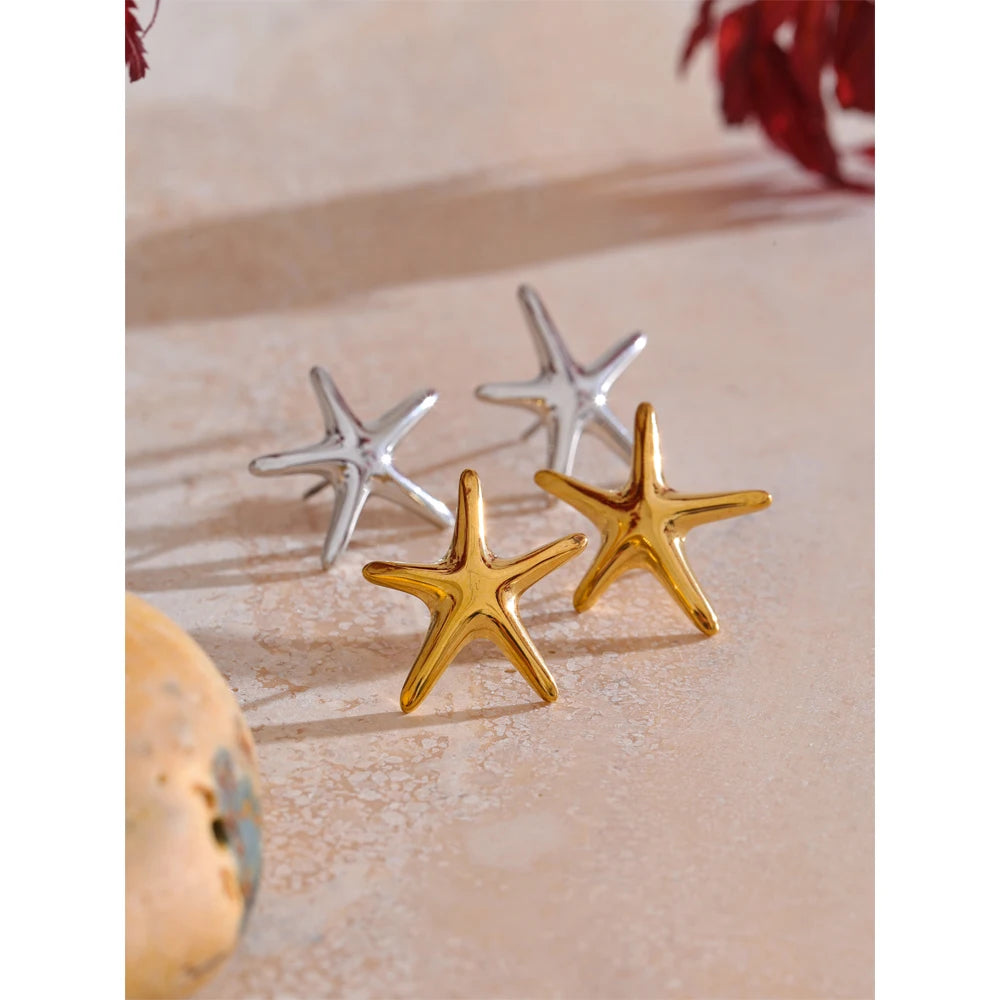 Yhpup Summer Ocean Style Smooth Metal Starfish Stud Earrings Daily Stainless Steel Holiday Wear Fashion Jewelry Waterproof