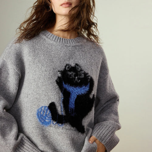Suéter Cinza de Lã com Jacquard de Gato