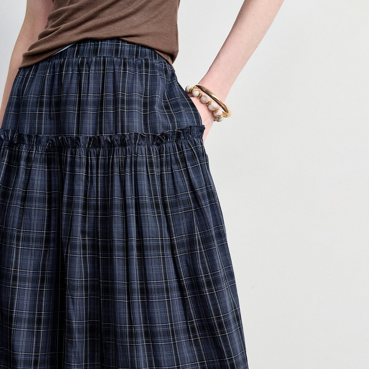 Saia Midi Feminina Xadrez com Babados
