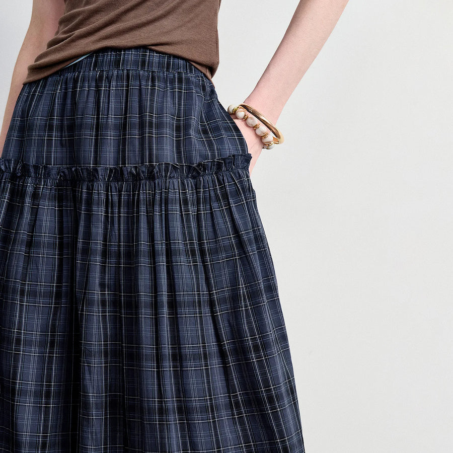 Saia Midi Feminina Xadrez com Babados