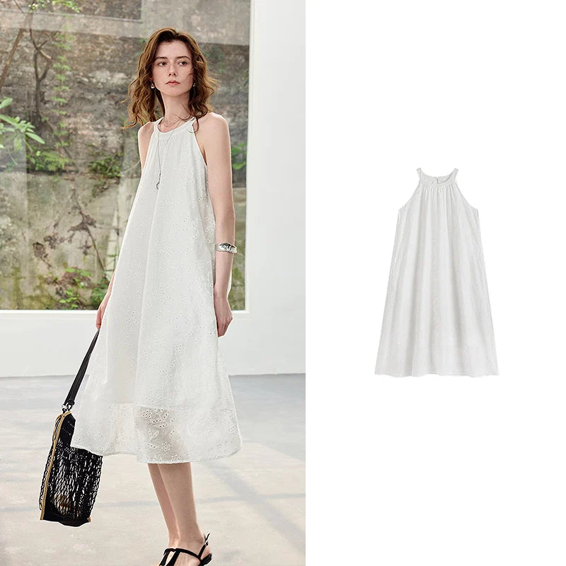 Vestido Midi de Liocel Floral Bordado com Gola Halter White