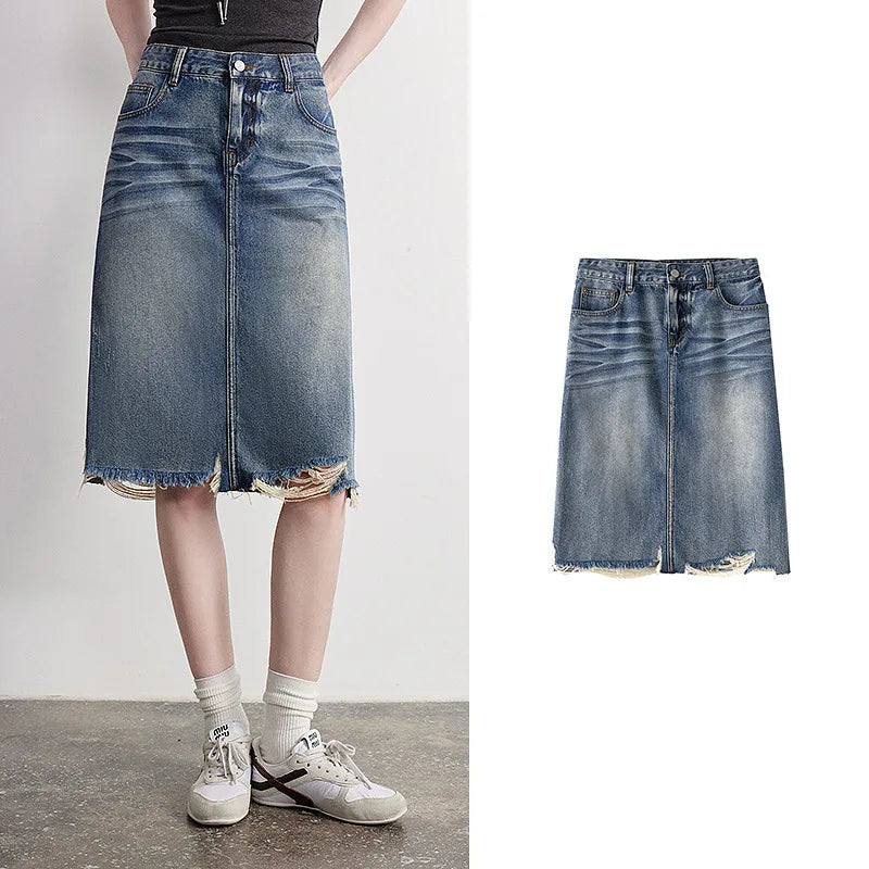 Saia Jeans Midi Feminina com Bolsos Reta