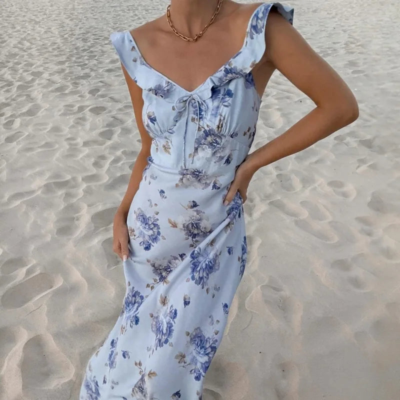 Vestido Longo Feminino Floral com Decote V e Babados blue