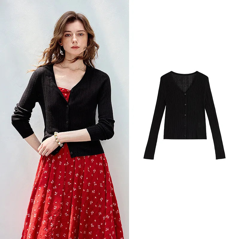 Cardigan Feminino de Linho Canelado com Decote V