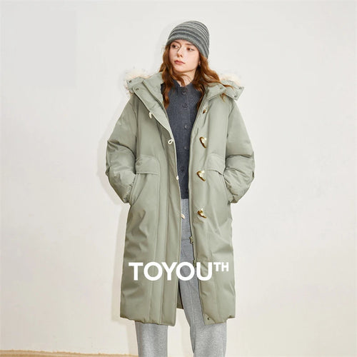 Casaco Puffer Feminino Longo com Capuz e Fecho de Chifre