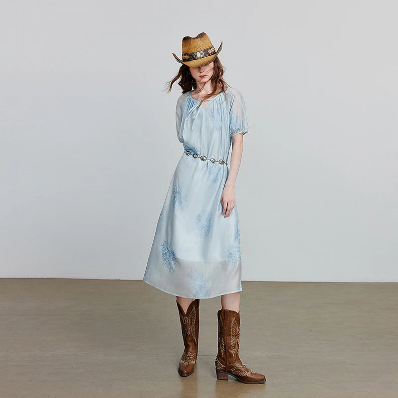 Vestido Midi Floral Bordado Manga Raglan