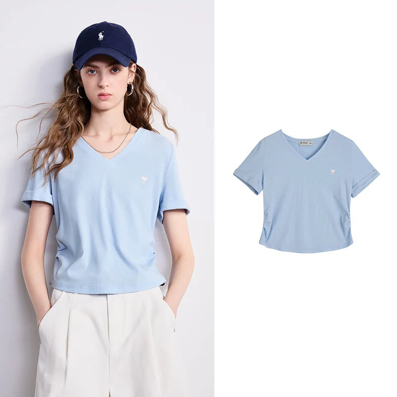 Blusa Feminina Cropped Slim com Decote V e Pregas