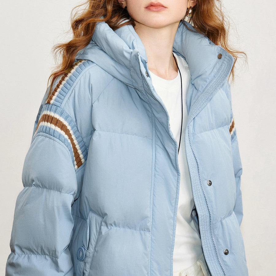 Jaqueta Puffer Feminina 90% Plumas com Capuz e Tricô