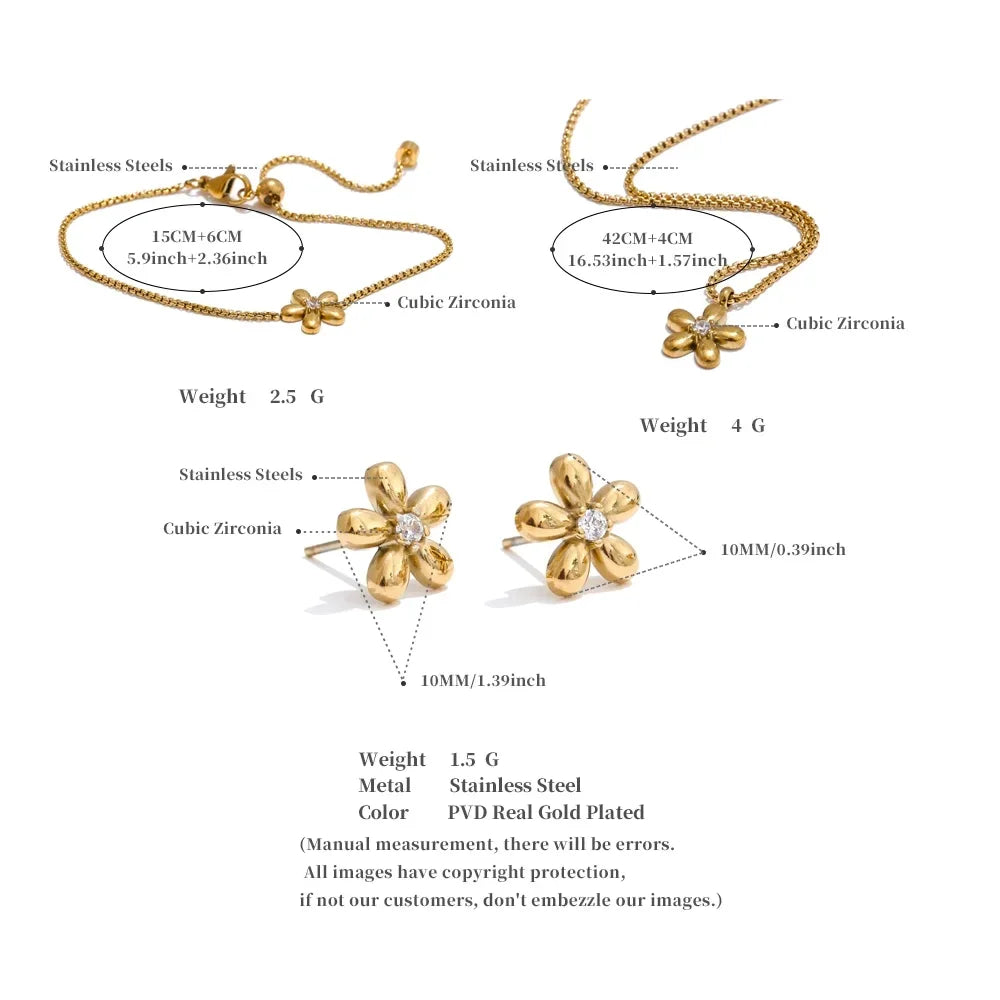 Yhpup Hot Style Stainless Steel Zirconia Flower Pendant Necklace Bracelet Bangle Earrings 18K Plated Golden Versatile Jewelry