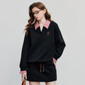 Moletom Feminino Efeito Duas Peças com Gola Polo e Bordado