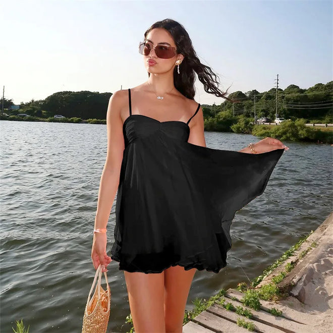 Elegant Chiffon Loose Short Dresses Women's Simple Casual Strap Dress Summer Sundresses Pink Black Beach Holiday Vacation New