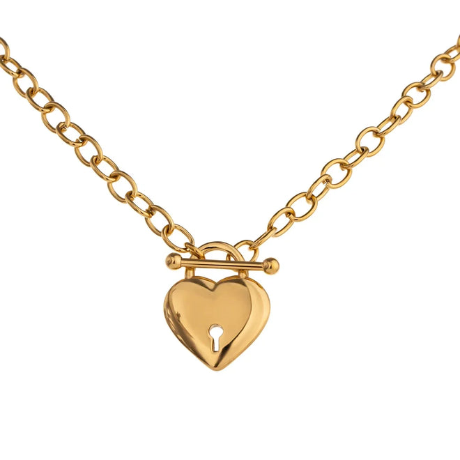 Yhpup Romantic Heart Lock Pendant Stainless Steel Necklace for Women Temperament Metal Texture 18 K Plated Choker Charm Jewelry YH157A gold