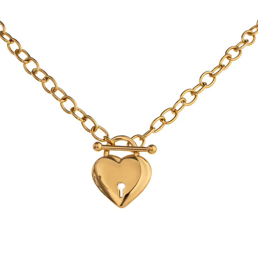 Yhpup Romantic Heart Lock Pendant Stainless Steel Necklace for Women Temperament Metal Texture 18 K Plated Choker Charm Jewelry YH157A gold