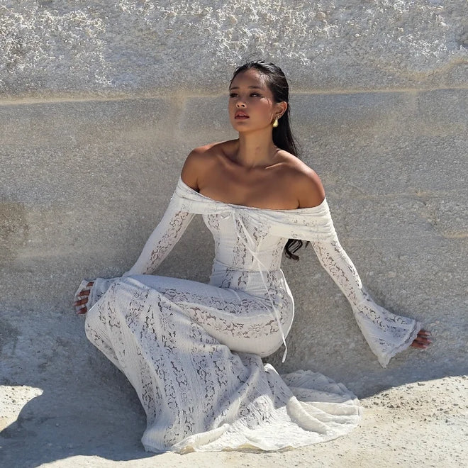 Women's Elegant Lace Up Flared Sleeve Long Dress Fashion Hollow Out Off Shoulder Bodycon Vestidos 2024 Lady New Beach Partywear