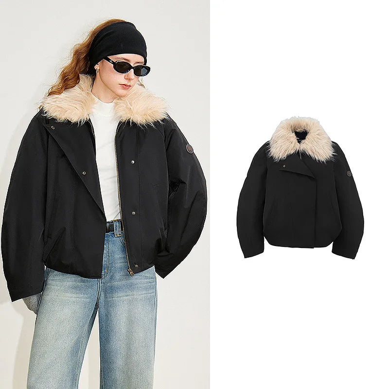 Jaqueta Puffer Feminina com Gola de Fleece Café black