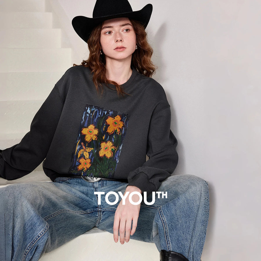 TOYOUTH Women Crew Neck Loose Sweatshirt 2026 Spring New Oil Painting Print Minimalist Chic Casual Top