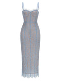 Sexy Spaghetti Strap V Neck Lace Long Dress Women Black Floral Lace Sleeveless Bodycon Dresses Elegant Evening Celebrity Party Blue
