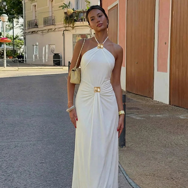 Vestido Longo Feminino Frente Única com Franzidos