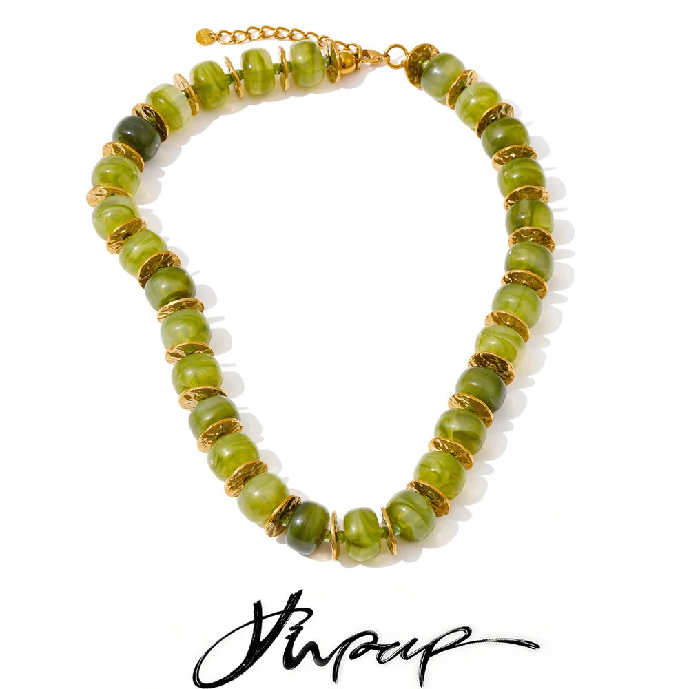 Yhpup Exclusive Resin Beads & Spacer Chain Handmade Statement Necklace 2025 Stainless Steel Waterproof Fashion Jewelry Gift